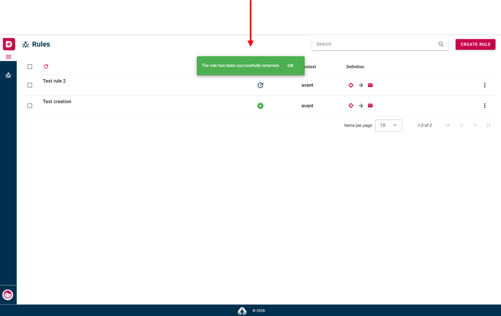 Confirmation message and rules list after successfully renaming